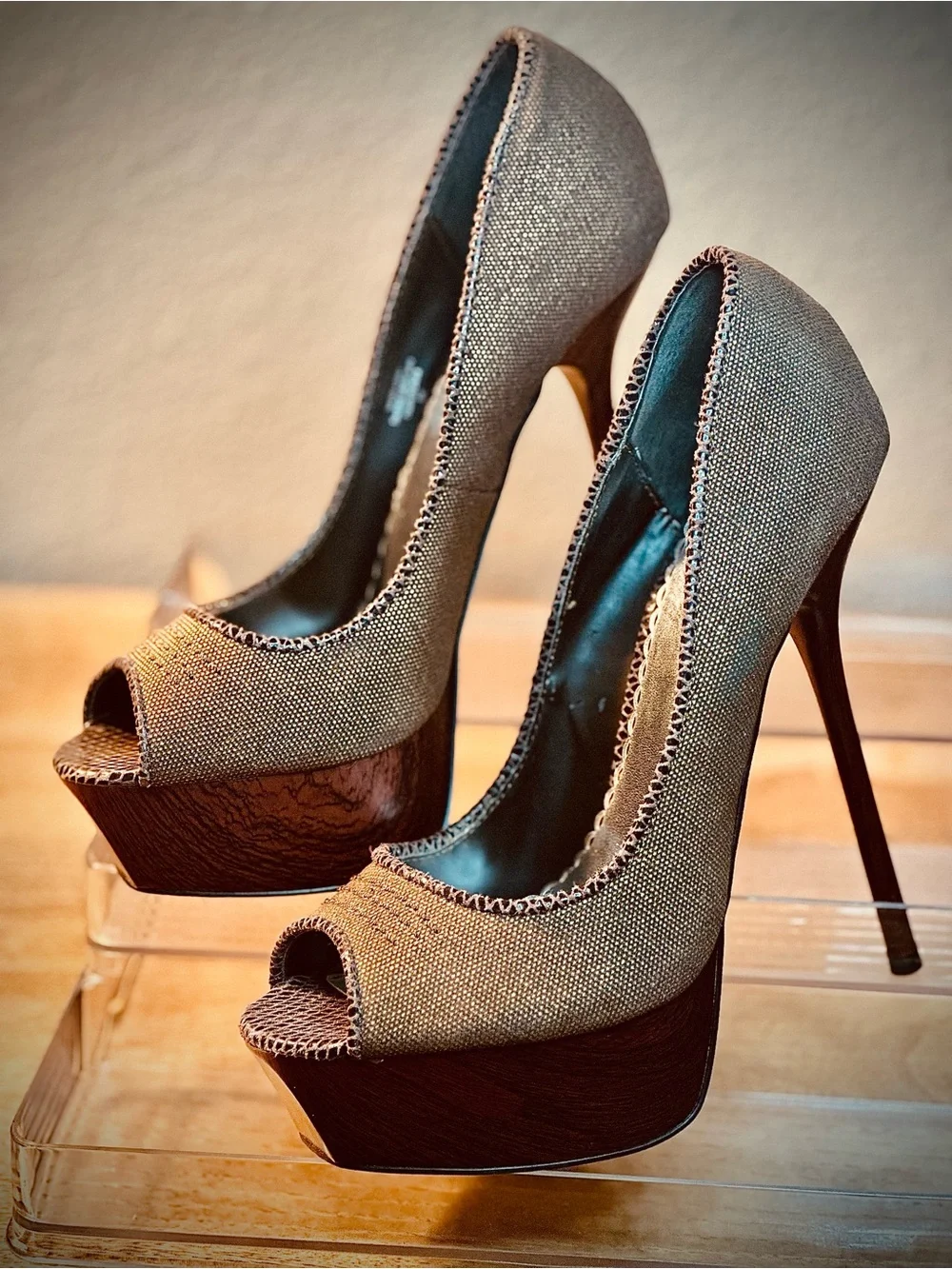 BeBe Brown/Gold Peep-Toe Platform Heels